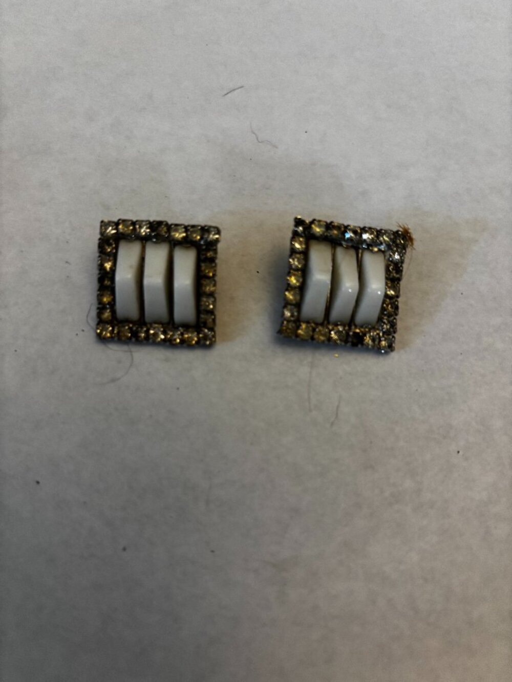 Clip on earrings silver tone milk glass rhinestones squares